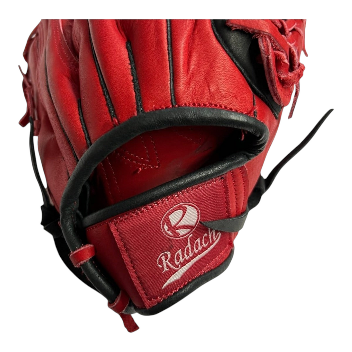Guante de beisbol Radach Sports Pro Fielder de 12.75 pulgadas en piel color rojo y negro con detalle de marca