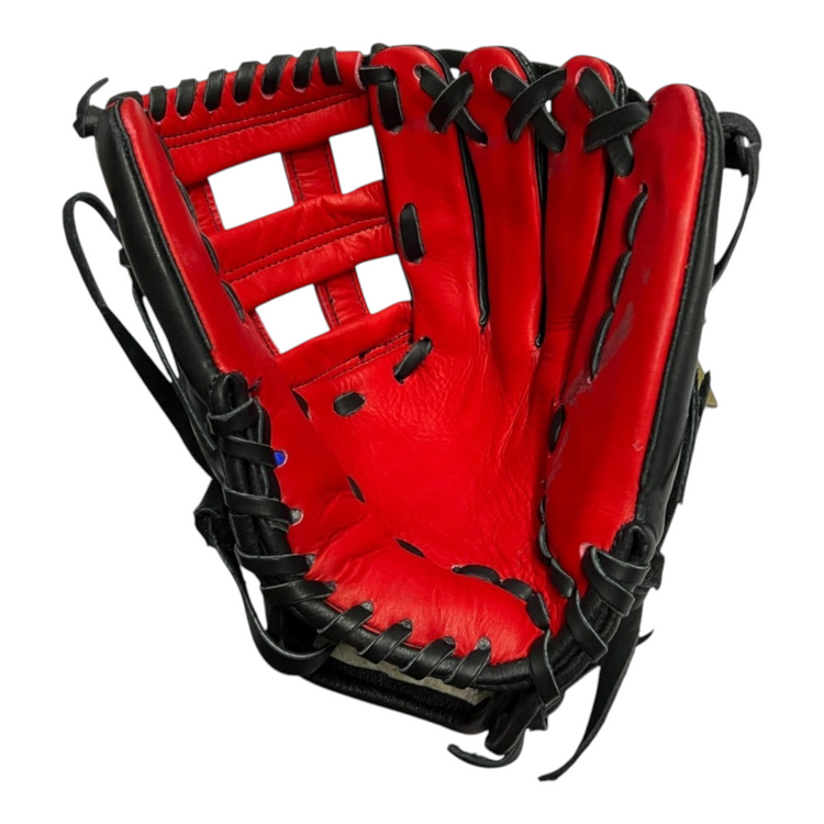 Guante de beisbol Radach Sports Pro de 11.5 pulgadas en piel color rojo y negro con diseño de caja tipo H