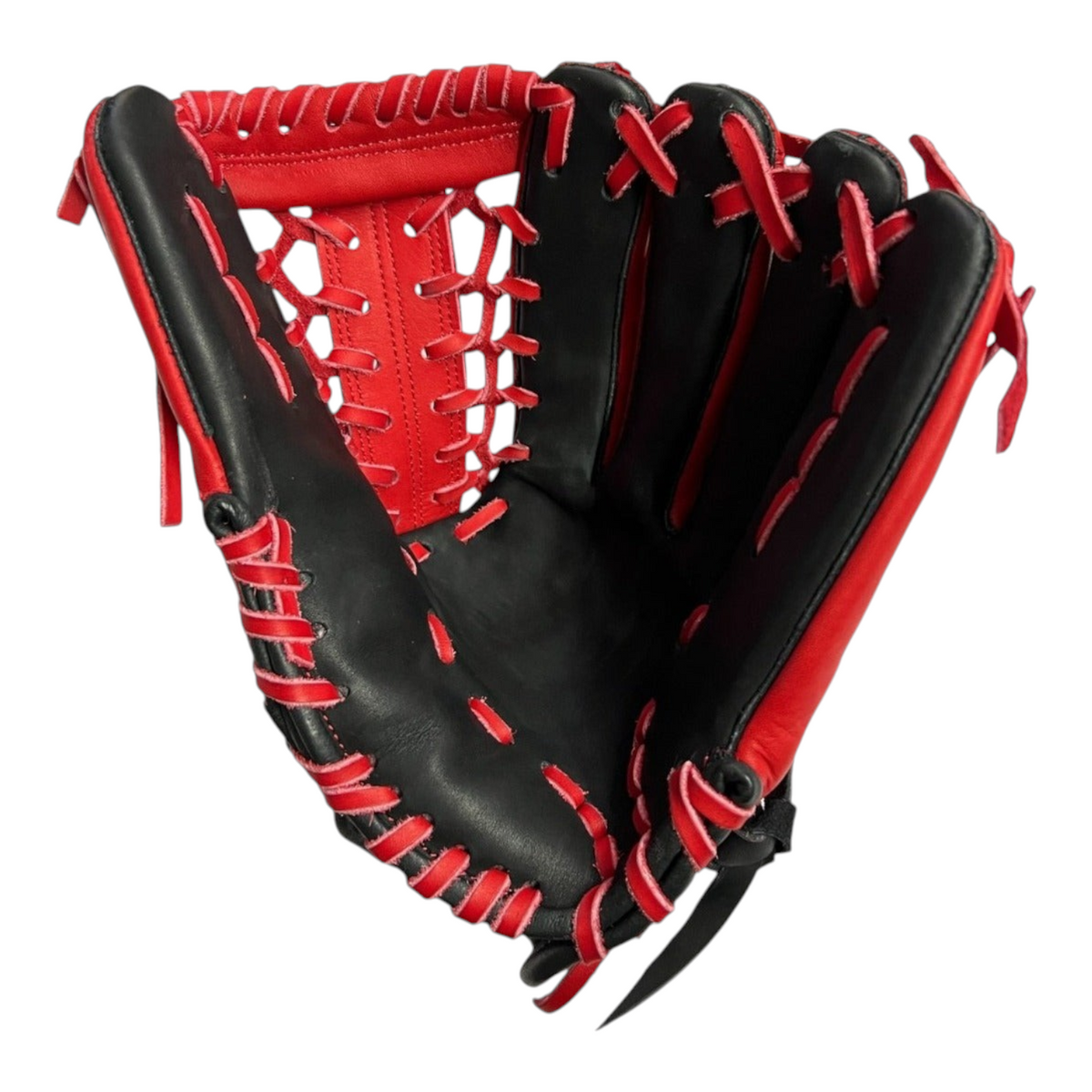 Guante de beisbol Radach Sports Pro Fielder de 12.75 pulgadas en piel color rojo y negro con tejido tipo macrame