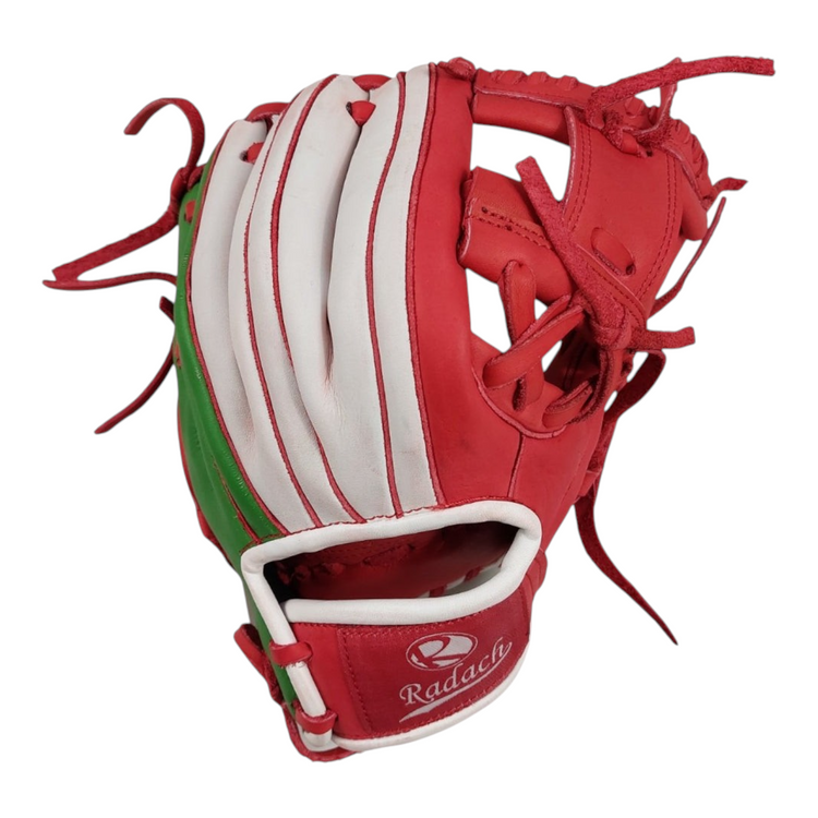 Guante de béisbol Radach Sports Pro de 11.5 pulgadas en piel roja, blanca y verde para infielders y pitchers.