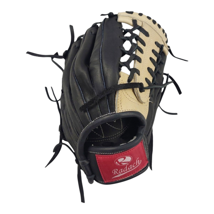 Guante de beisbol Radach Sports Pro de 11.5 pulgadas en piel negra y beige para infielder con diseño de caja K