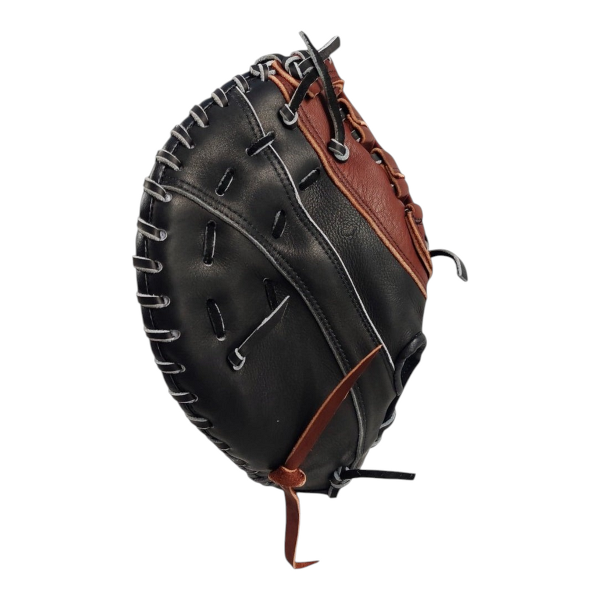 Guante de béisbol Radach Sports Rookie para primera base de 12.75 pulgadas, fabricado en piel color negro y café.