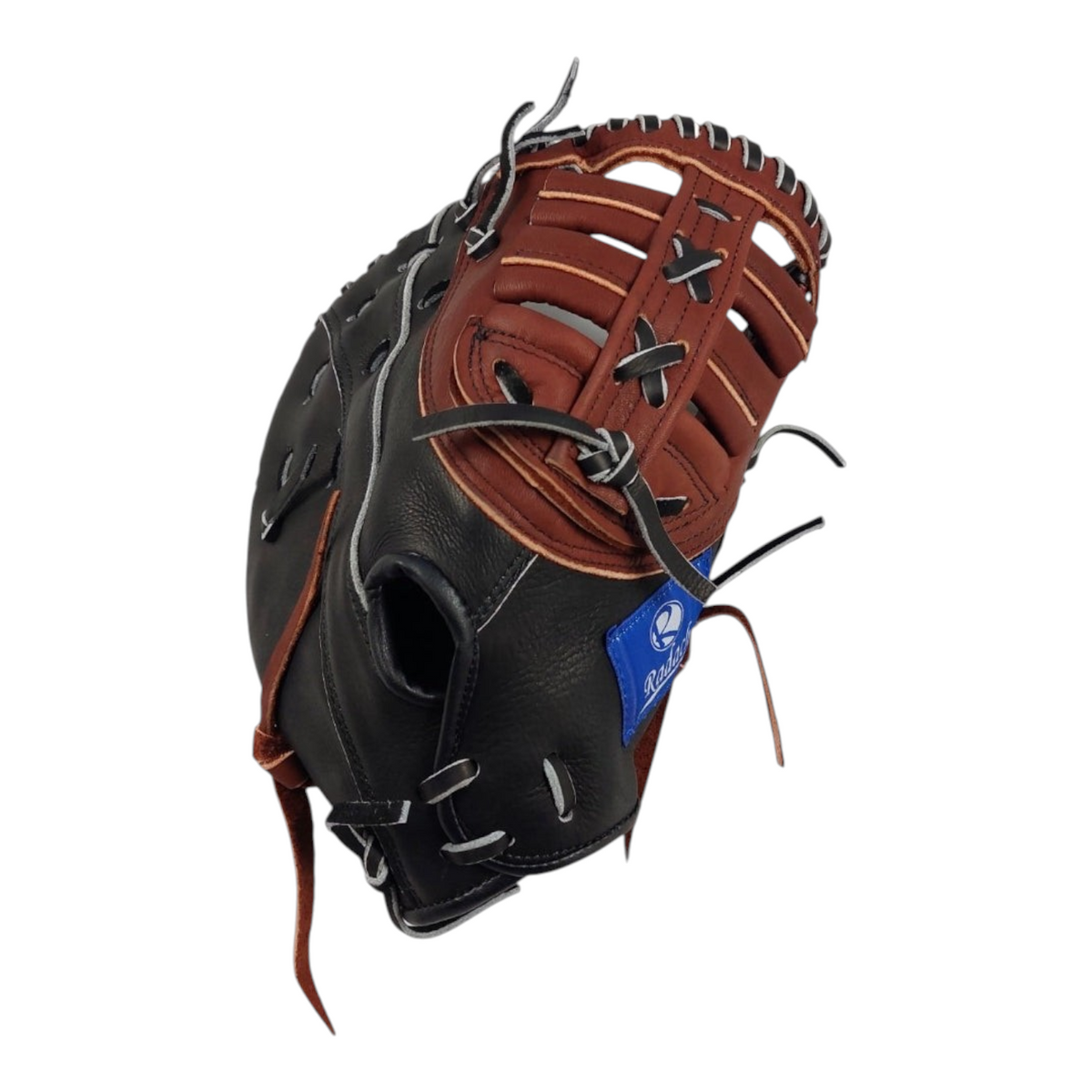 Guante de béisbol Radach Sports Rookie de 12.75 pulgadas para primera base, fabricado en piel color negro y café.