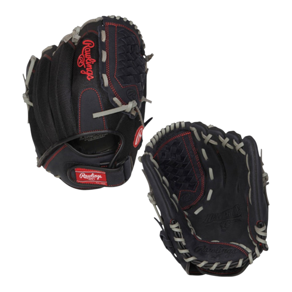 Guante de beisbol Radach Sports Rawlings Renegade de 12 pulgadas en color negro con detalles en rojo y malla ligera.