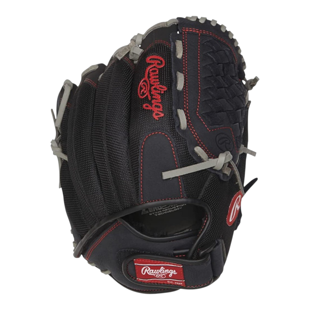 Guante de beisbol Radach Sports Rawlings Renegade de 12 pulgadas en color negro con detalles en rojo y gris