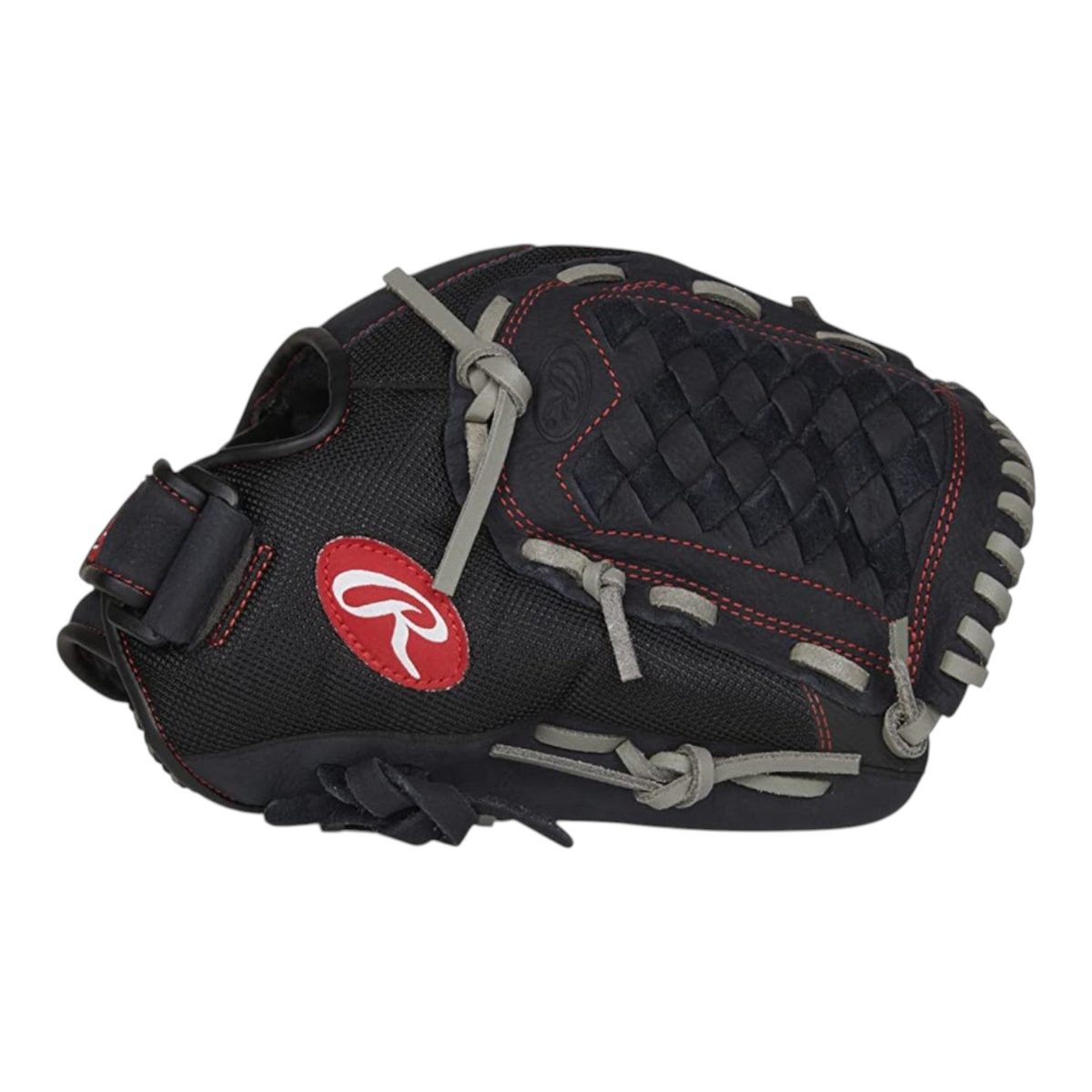 Guante de beisbol Radach Sports Rawlings Renegade de 12 pulgadas en color negro con detalles en gris y costuras rojas