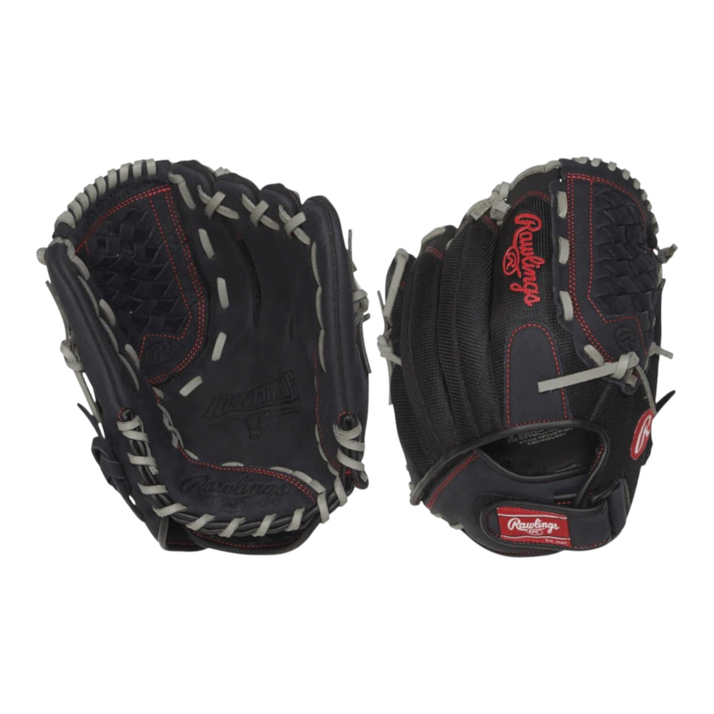 Guante de beisbol Radach Sports Rawlings Renegade de 12 pulgadas en color negro con detalles en gris y costuras rojas