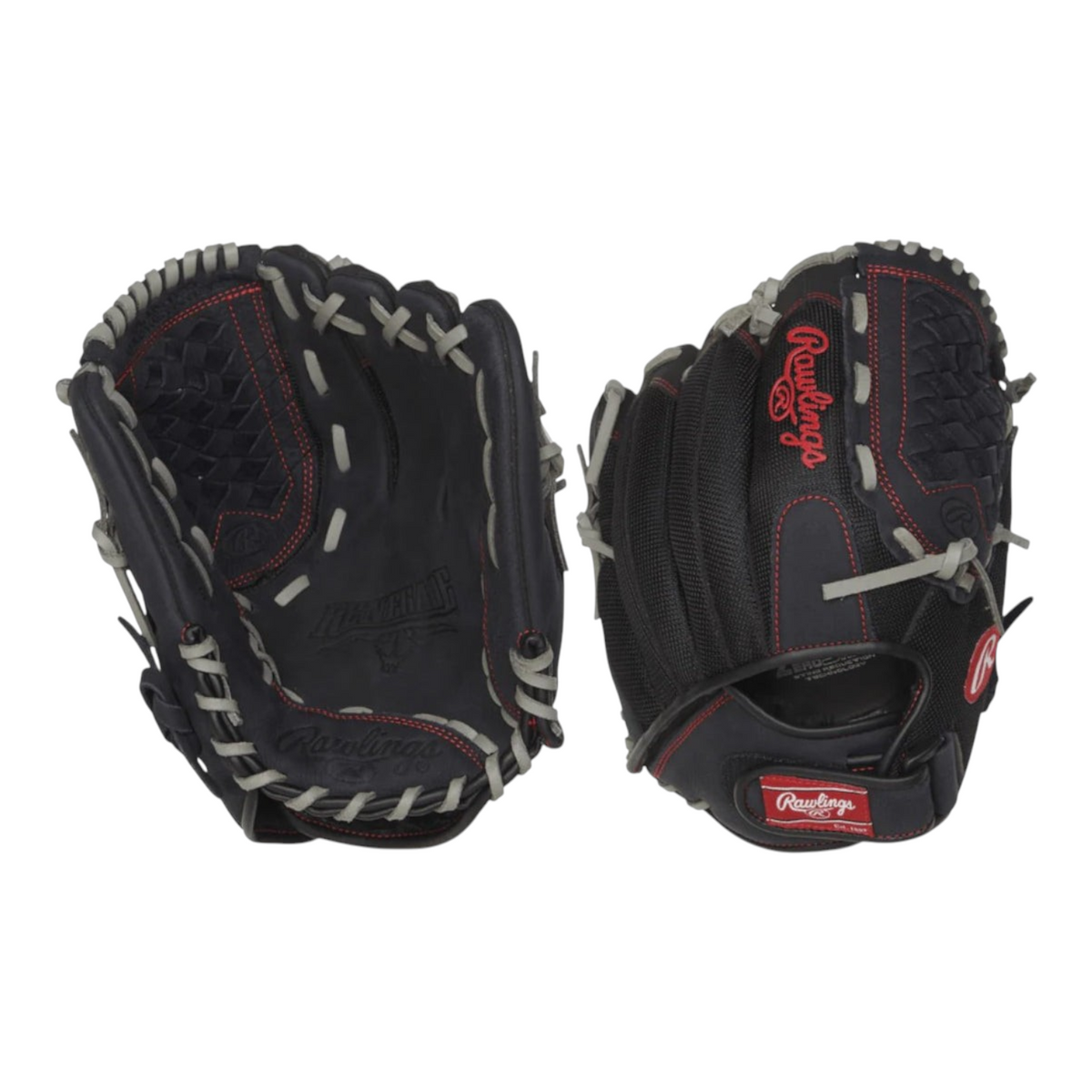 Guante de beisbol Radach Sports Rawlings Renegade de 12 pulgadas en color negro con detalles en gris y costuras rojas
