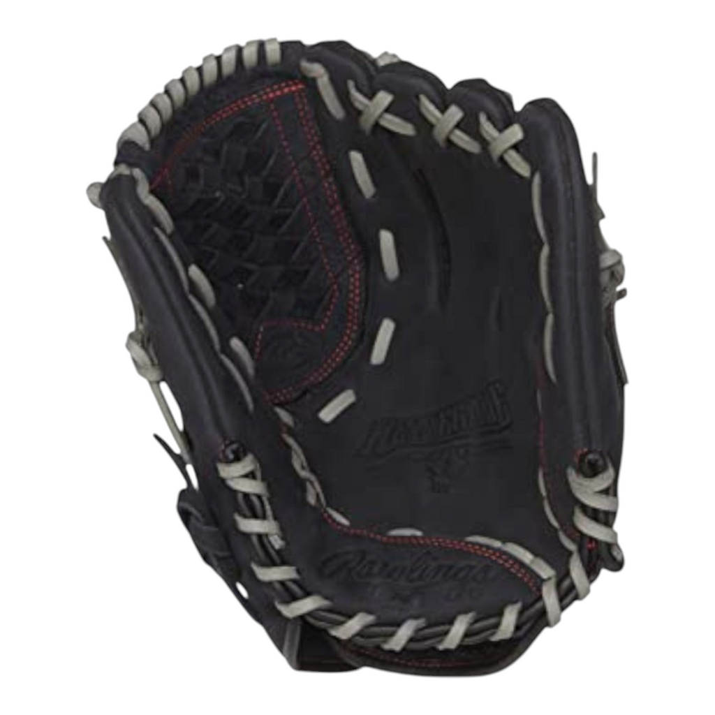 Guante de beisbol Radach Sports Rawlings Renegade de 12 pulgadas en color negro con detalles en gris y costuras rojas