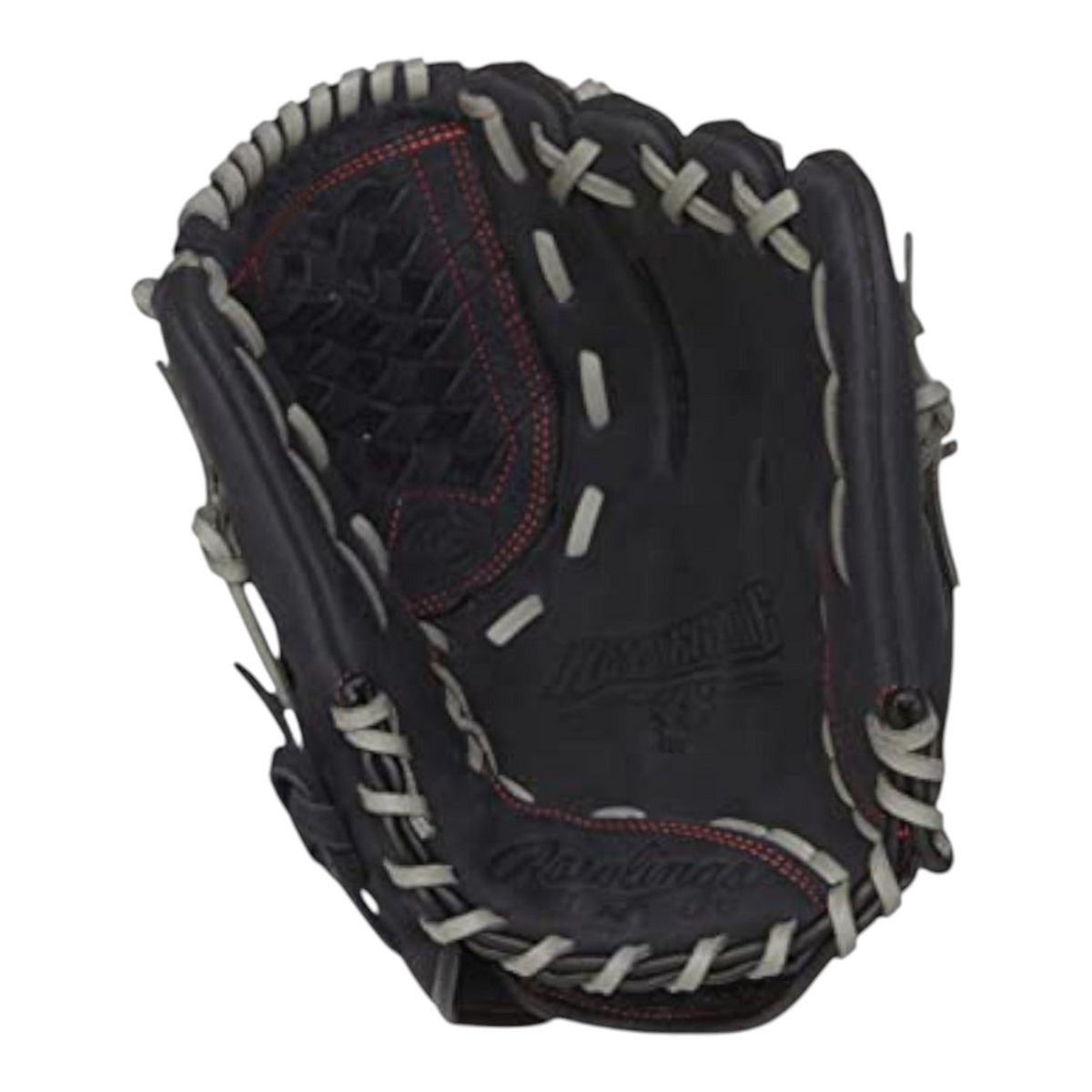 Guante de beisbol Radach Sports Rawlings Renegade de 12 pulgadas en color negro con detalles en gris y costuras rojas