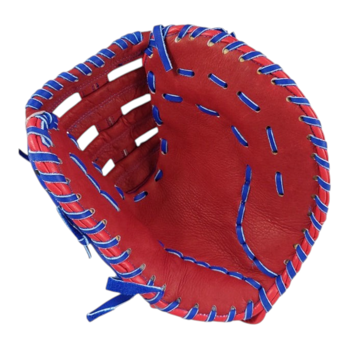 Guante de beisbol Radach Sports Rookie para primera base de 12.75 pulgadas, fabricado en piel roja con costuras azules