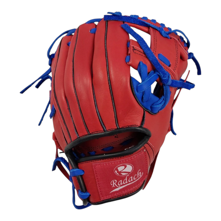 Guante de beisbol Radach Sports Pro Cuadro I de 11.25 pulgadas en color rojo con cordones azules de cuero