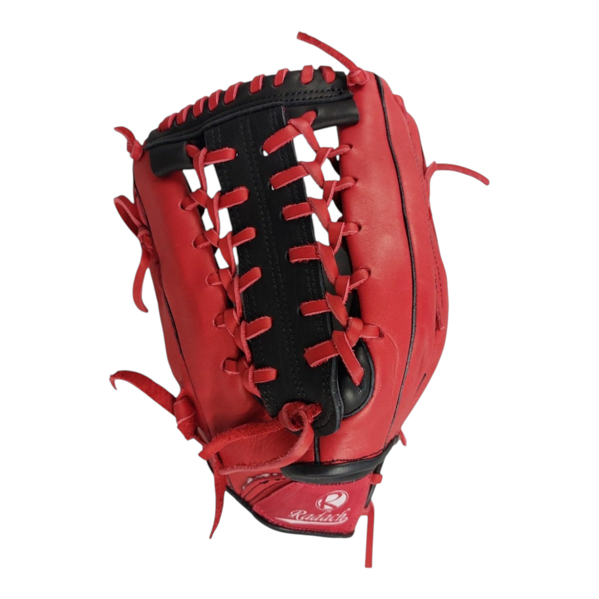 Guante de beisbol Radach Sports para jardinero, color rojo y negro, fabricado en piel con tejido K para adultos.