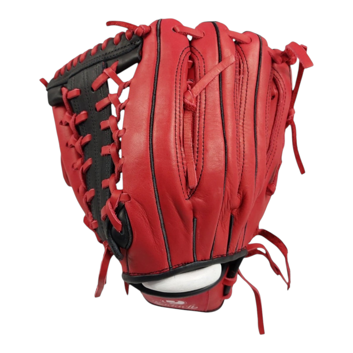 Guante de beisbol Radach Sports Pro Fielder de 12.75 pulgadas en piel roja y negra para zurdos con tejido K