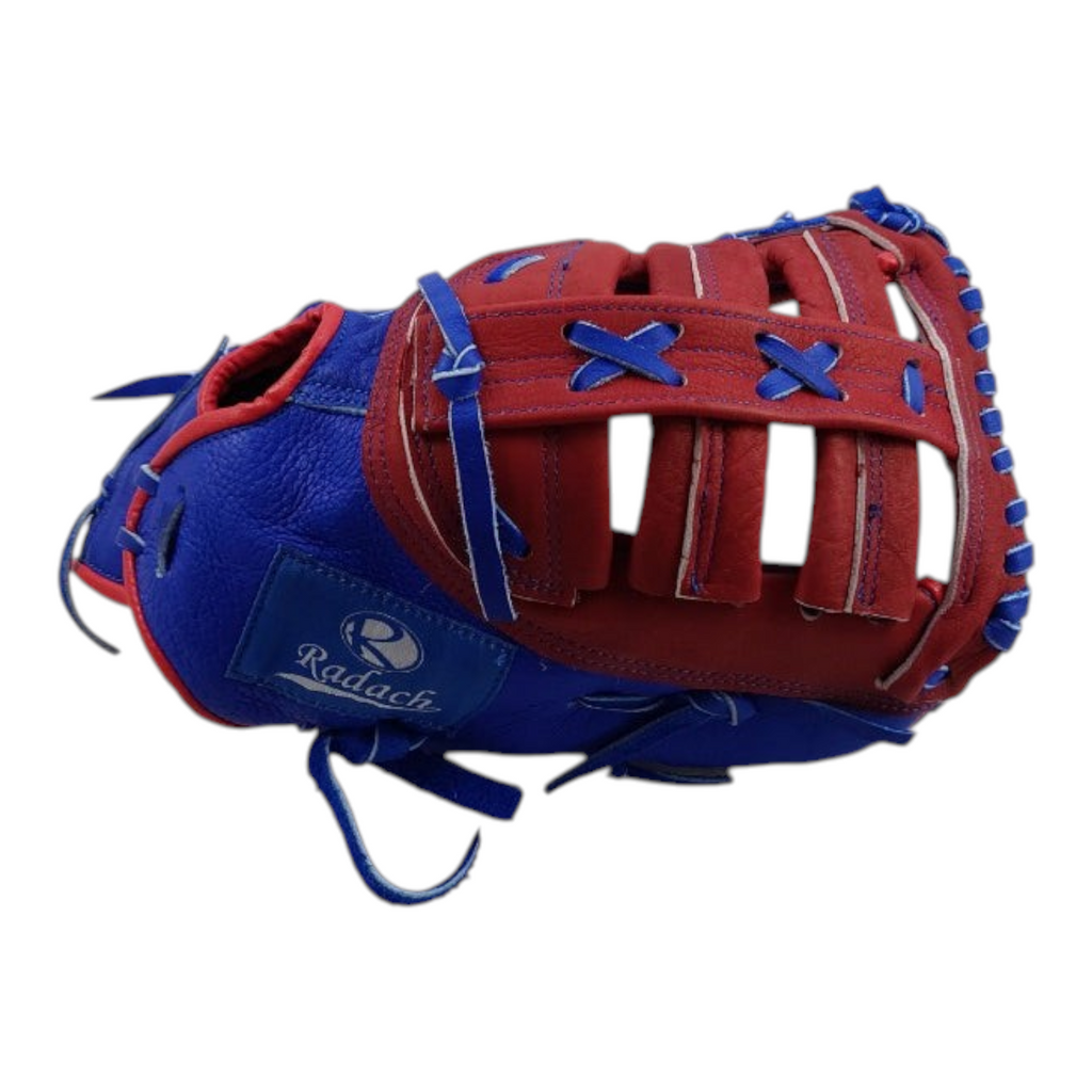 Guante de beisbol Radach Sports Rookie para primera base de 12.75 pulgadas en piel color azul y rojo