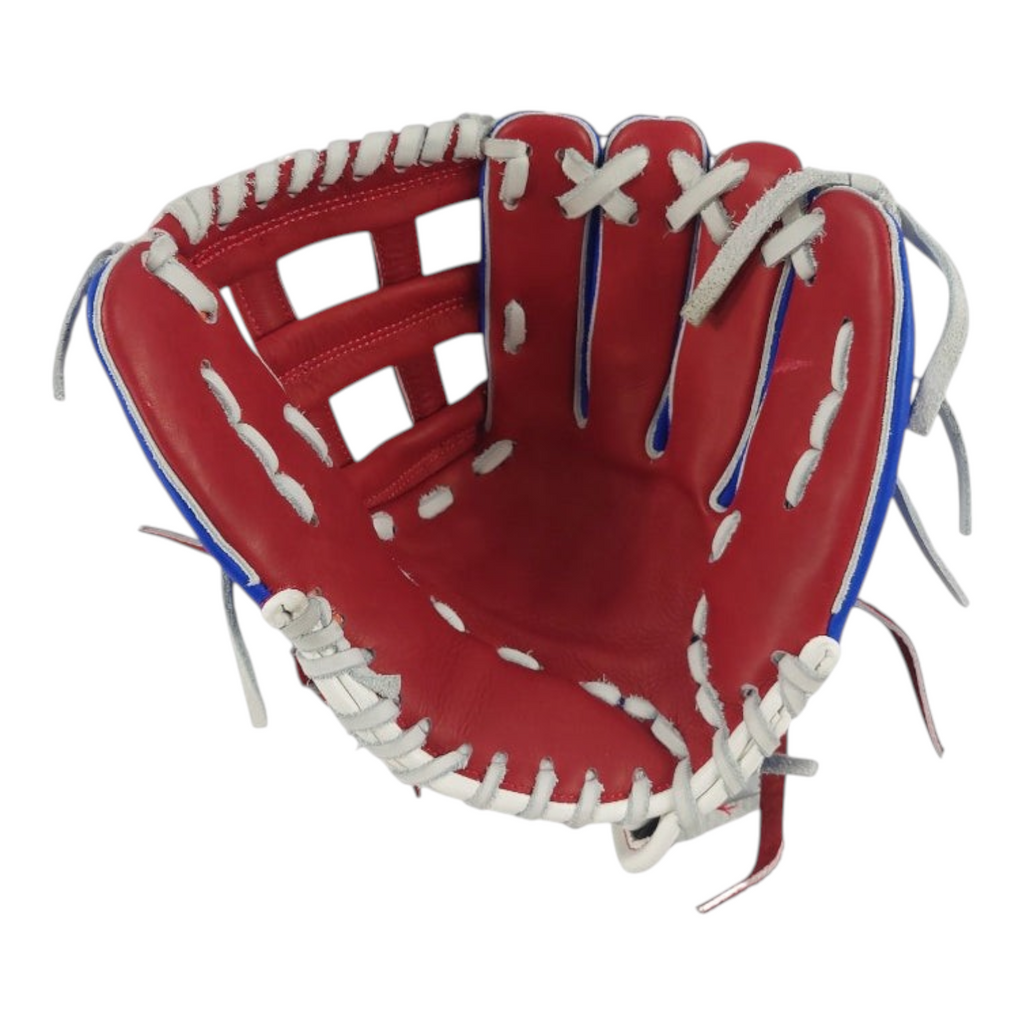 Guante de beisbol Radach Sports Rookie de 12 pulgadas en color rojo y azul con cordones blancos para principiantes