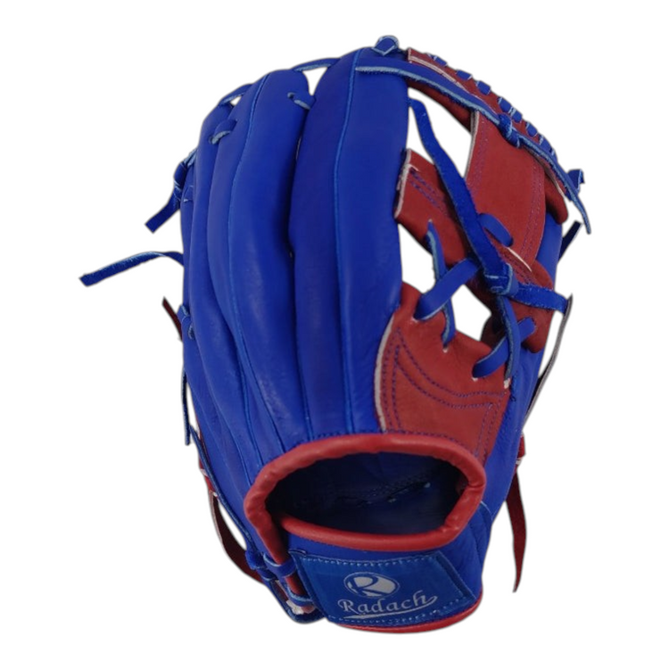 Guante de béisbol Radach Sports Rookie de 11.5 pulgadas en color azul y rojo, diseñado para jugadores de cuadro.