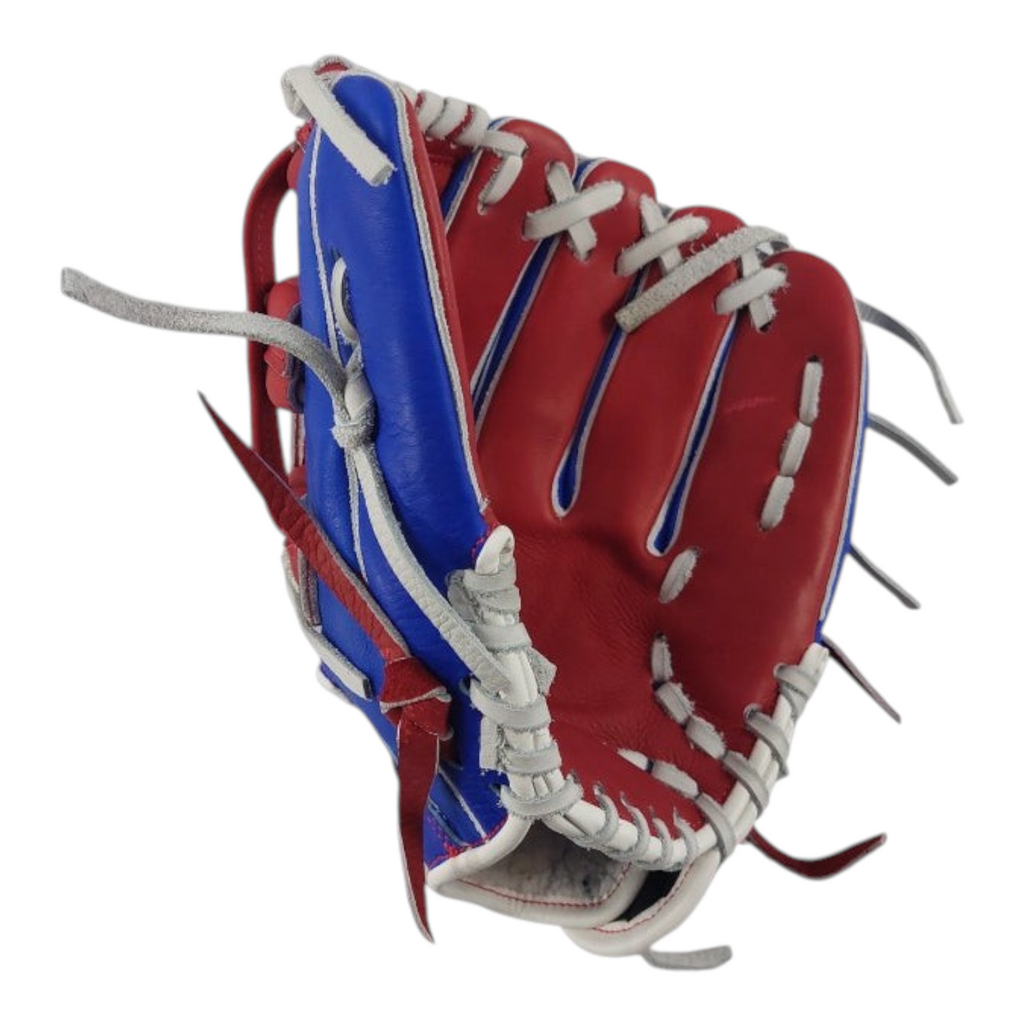 Guante de beisbol Radach Sports Rookie de 12 pulgadas en color azul y rojo con cordones blancos