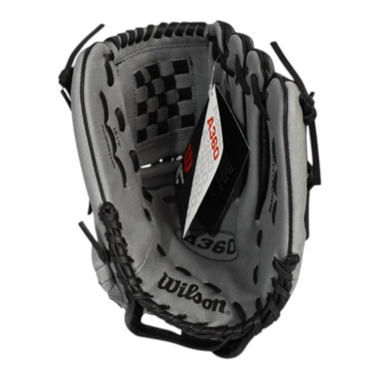 Guante de béisbol Radach Sports Wilson A360 Carbon de 12.5 pulgadas en color gris y negro para lanzador derecho