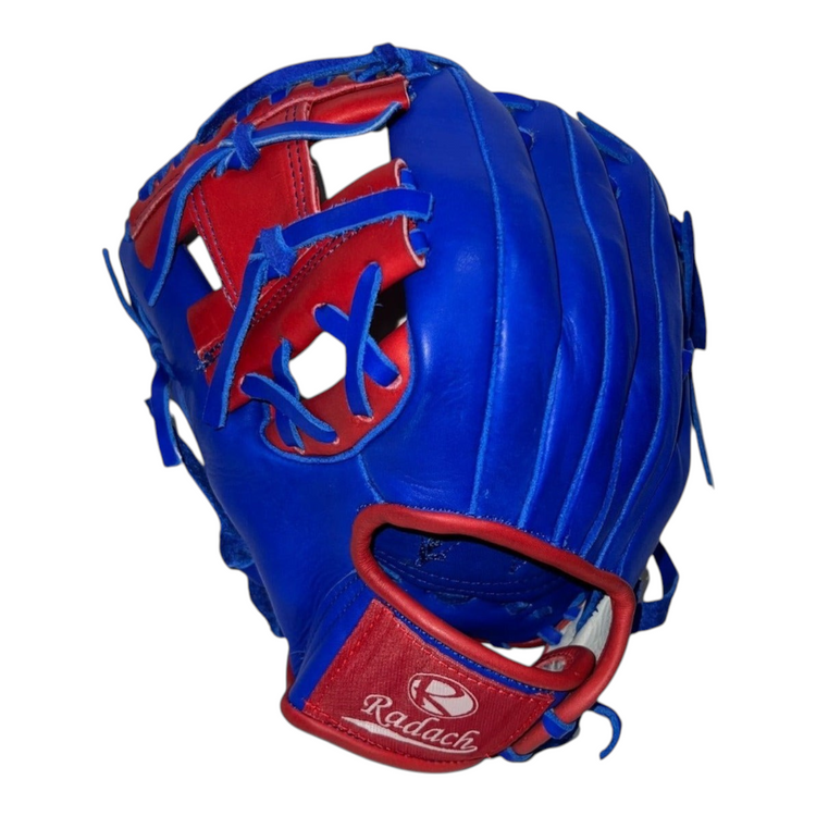 Guante de beisbol Radach Sports Pro de 11.25 pulgadas en piel azul y roja para jugador zurdo de cuadro interior
