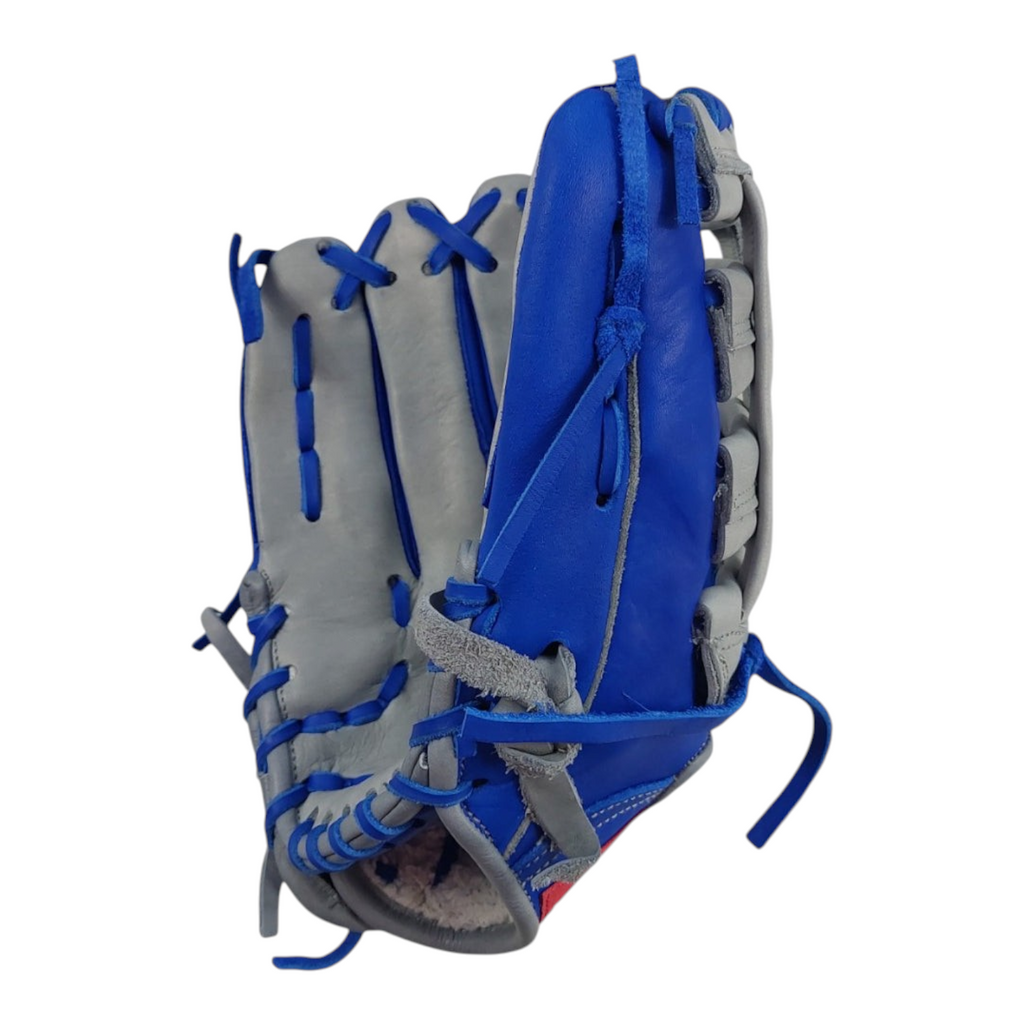 Guante de beisbol Radach Sports de 13 pulgadas para zurdo en piel color azul y gris con diseño de doble poste