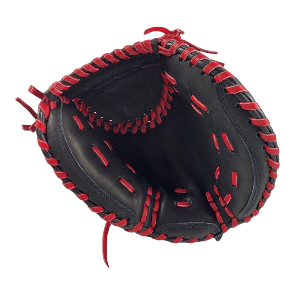 Guante de catcher Radach Sports para softbol de 34 pulgadas en piel color negro con costuras y cordones rojos