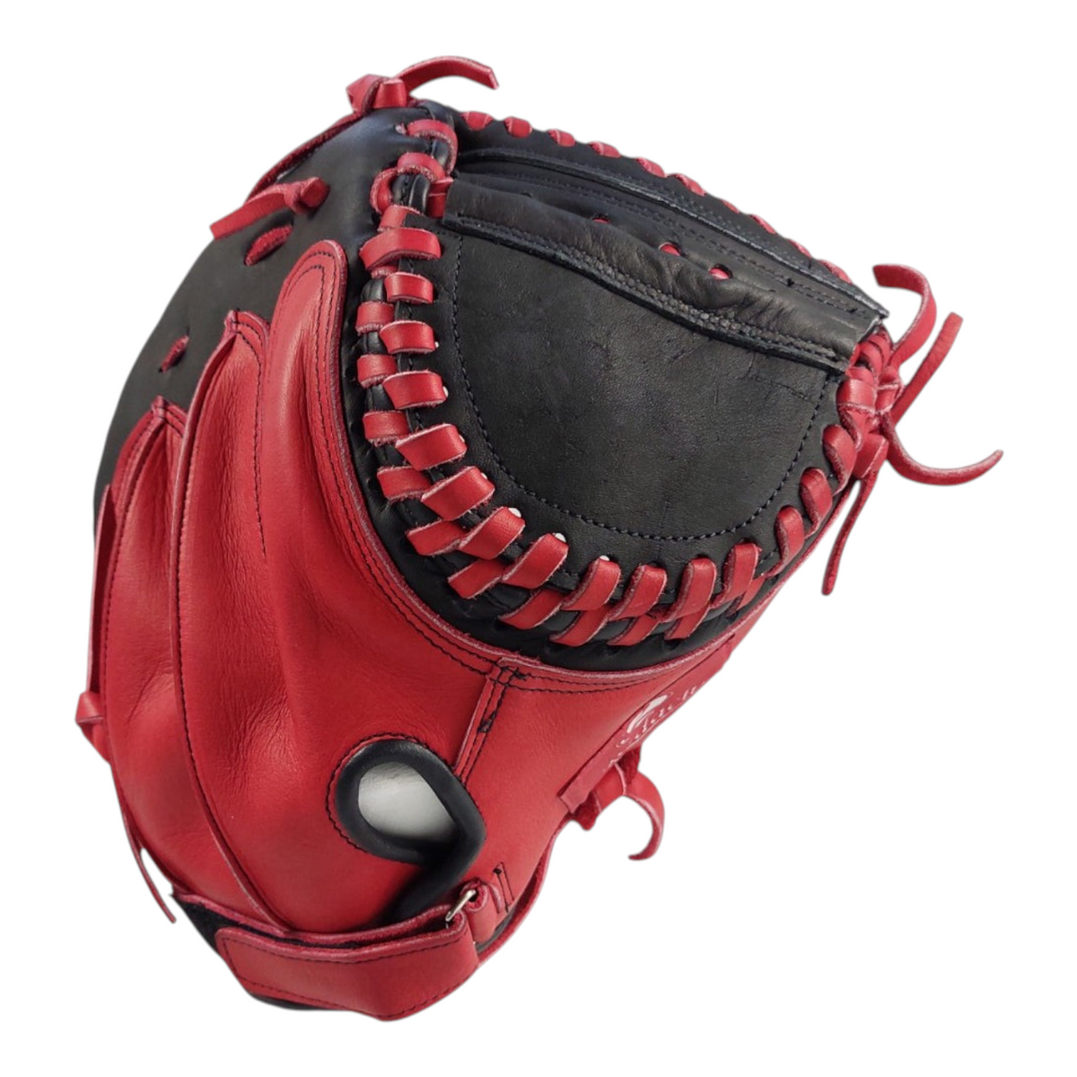 Guante de catcher Radach Sports para softbol de 34 pulgadas en piel color rojo y negro para lanzador derecho