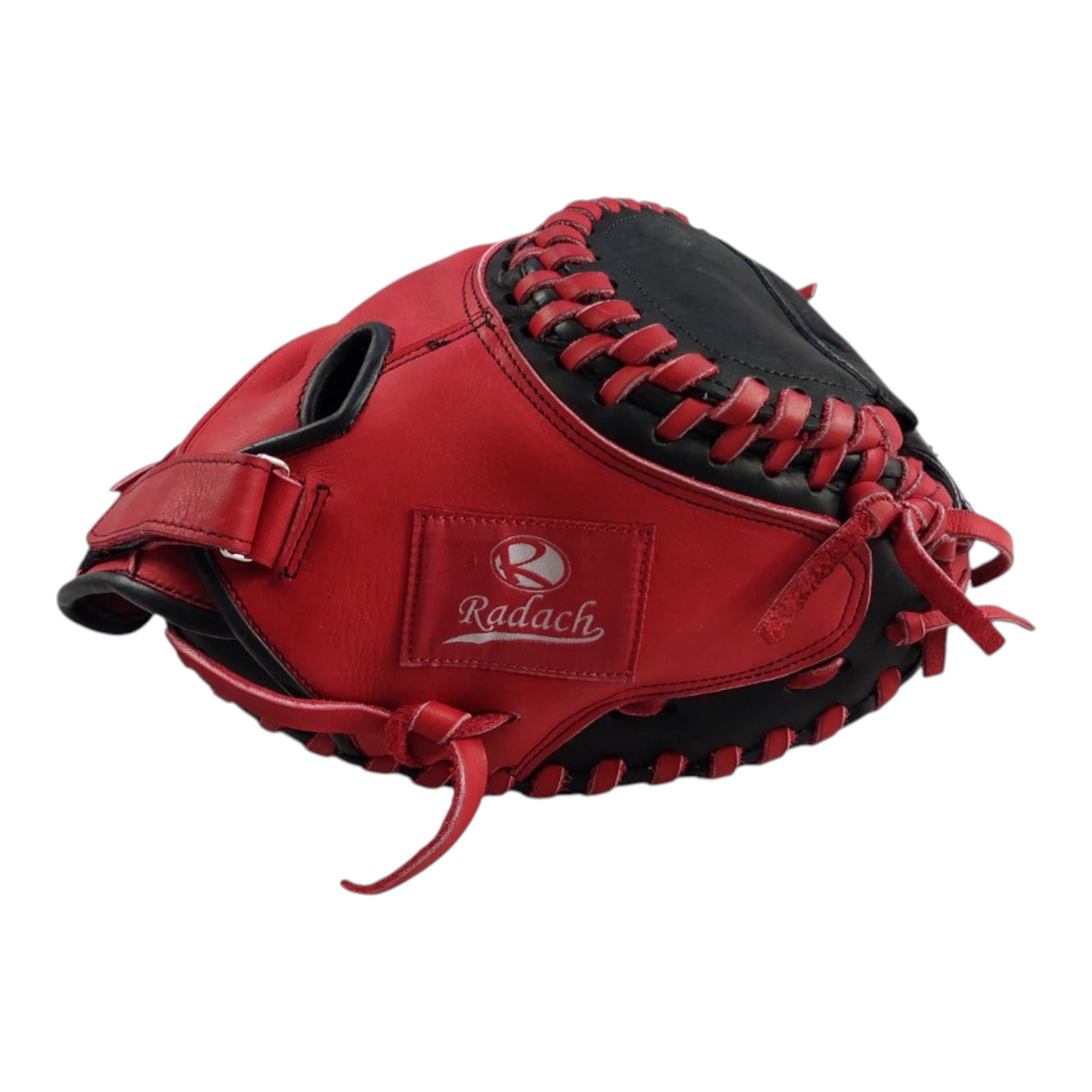 Guante de catcher Radach Sports para softbol de 34 pulgadas en piel color rojo y negro para lanzador derecho