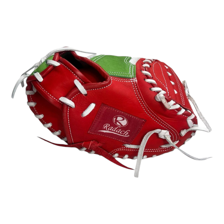 Guante de cátcher Radach Sports Pro de 33 pulgadas en piel de res con diseño tricolor rojo, verde y blanco.