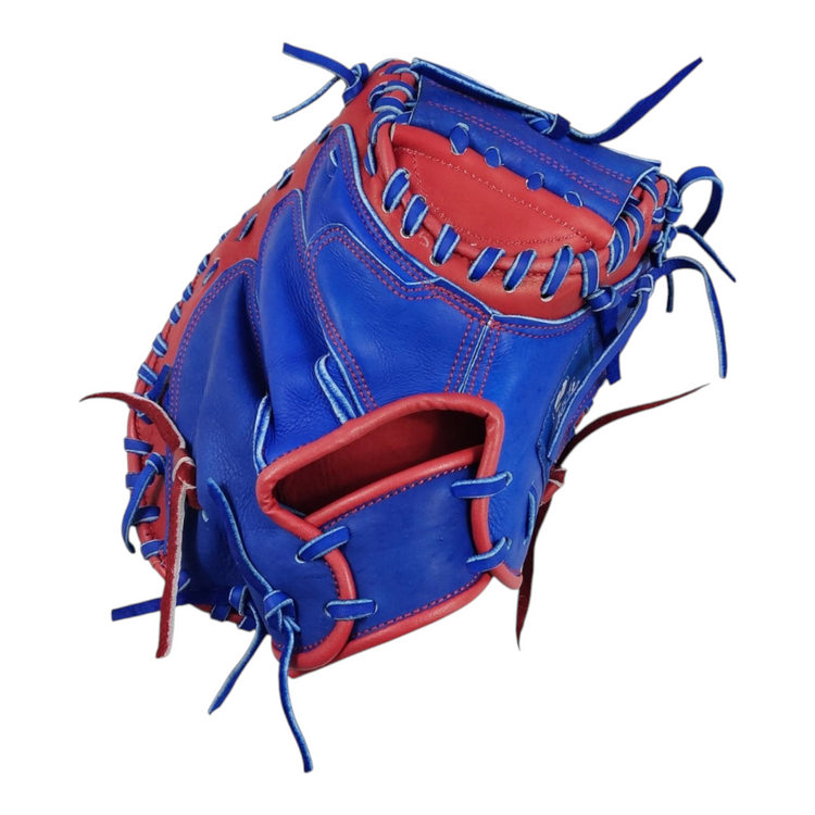 Guante de béisbol para cátcher Radach Sports modelo Rookie de 34 pulgadas en piel color azul y rojo