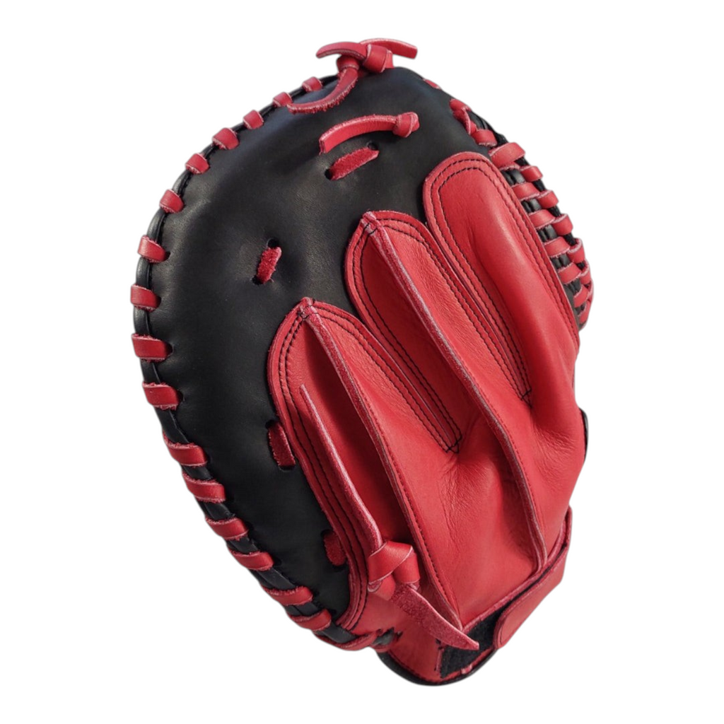 Guante de catcher Radach Sports para softbol de 34 pulgadas, fabricado en piel color rojo y negro para lanzador diestro