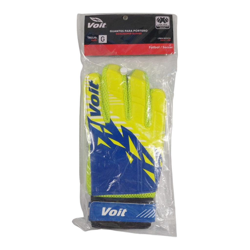 Guante de portero Voit Prime amarillo y azul en empaque original de Radach Sports, talla grande para futbol.
