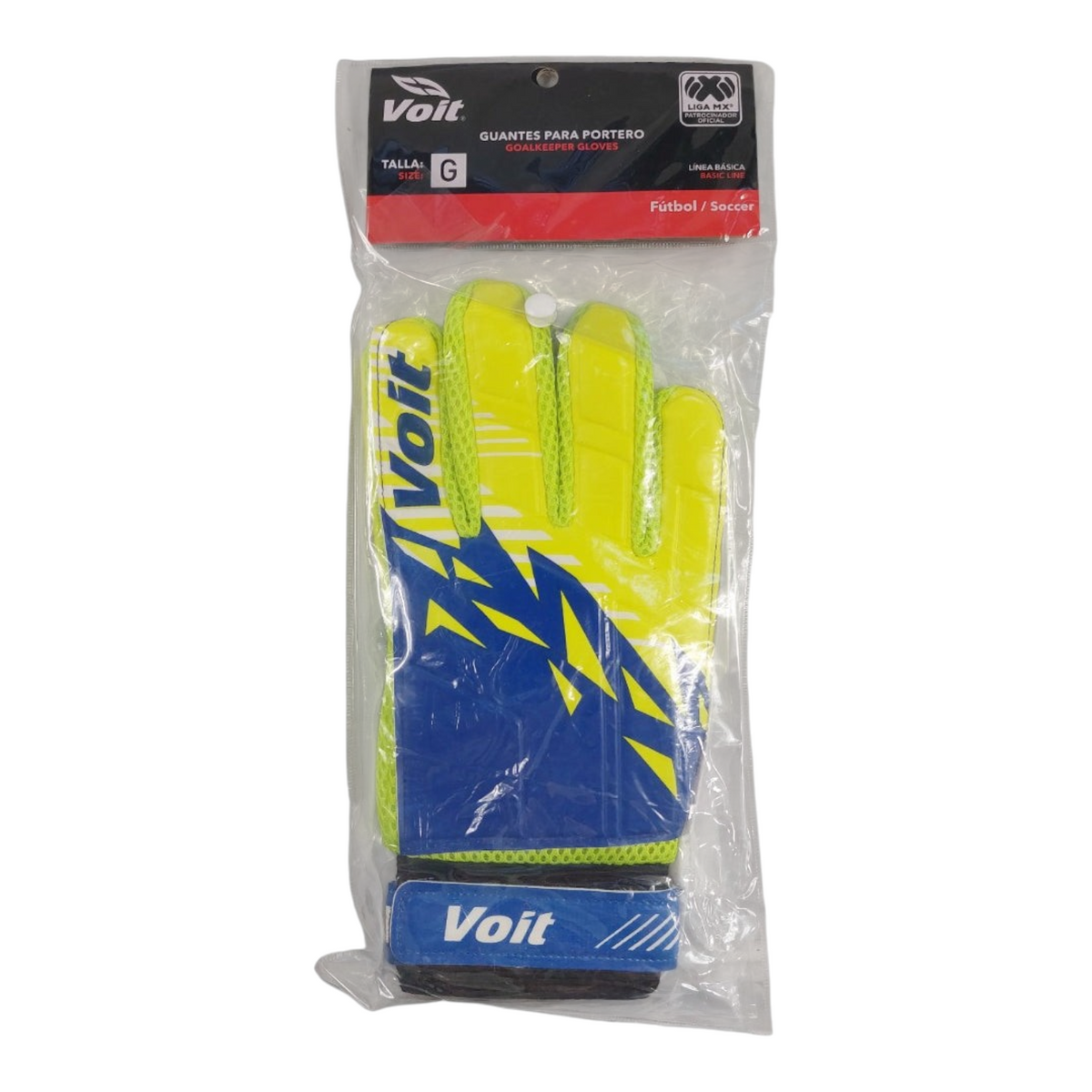 Guante de portero Voit Prime amarillo y azul en empaque original de Radach Sports, talla grande para futbol.