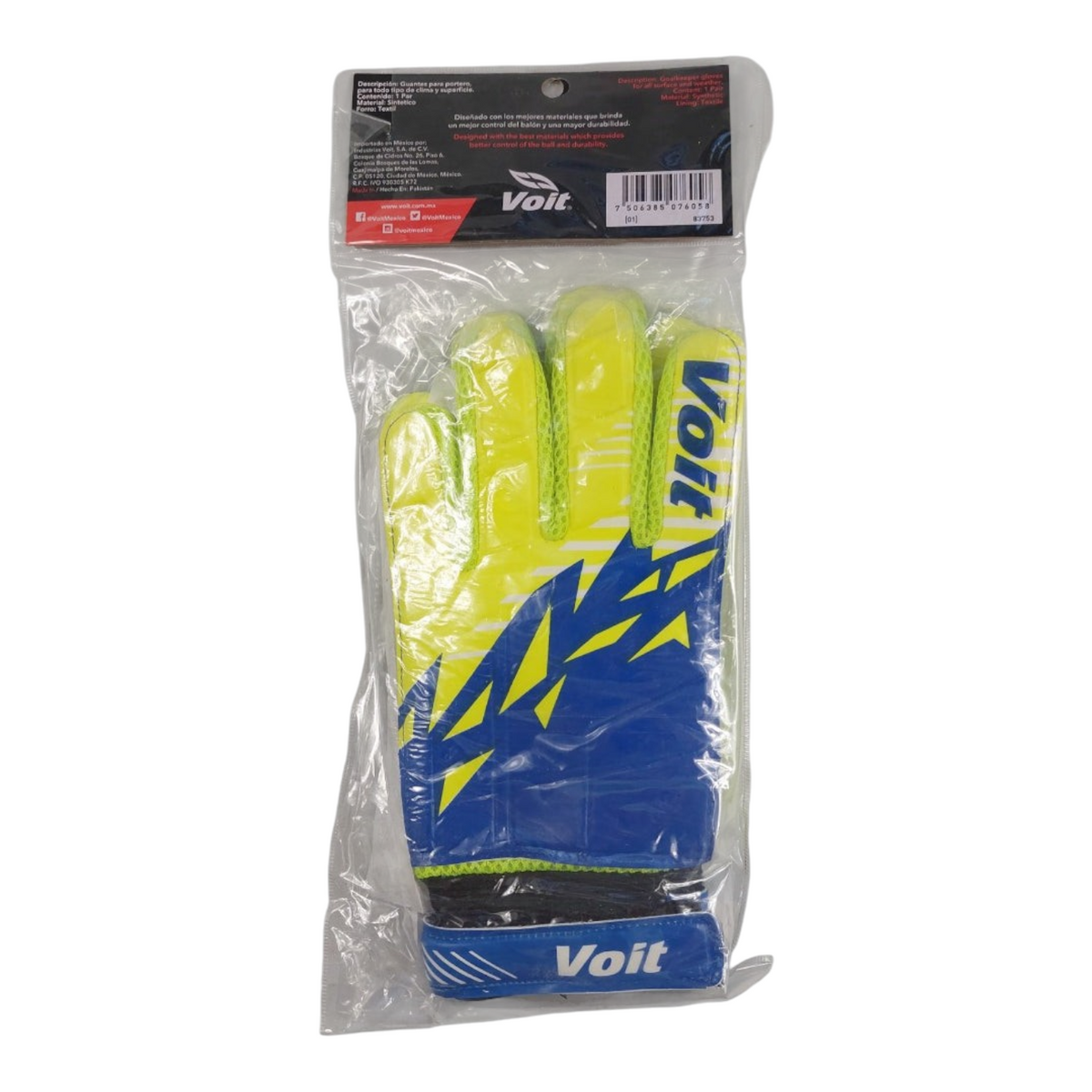 Guante de portero Radach Sports Voit Prime en color amarillo y azul, talla grande, en su empaque original.