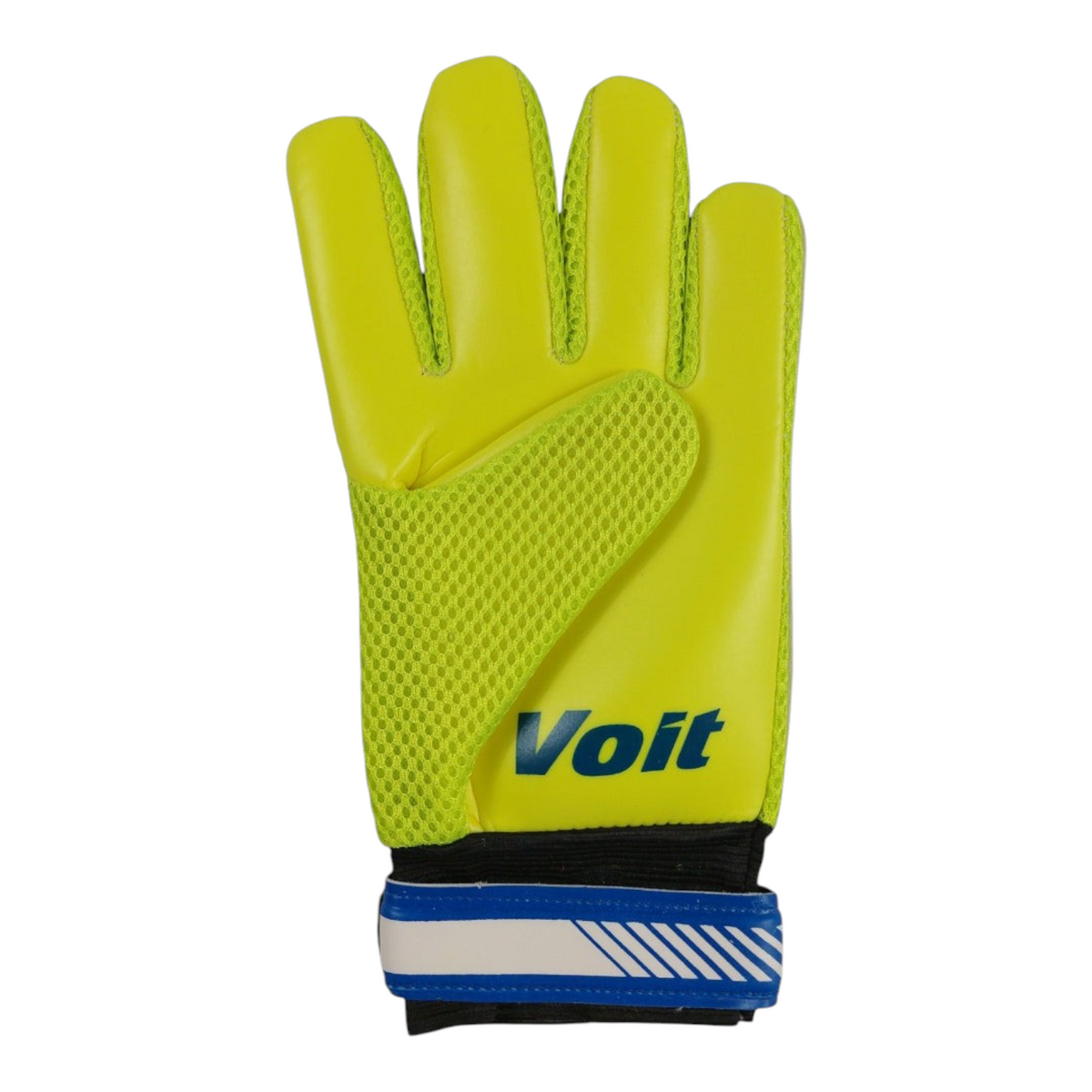 Guante de portero Radach Sports Voit Prime en color amarillo con detalles en malla y ajuste de muñeca azul