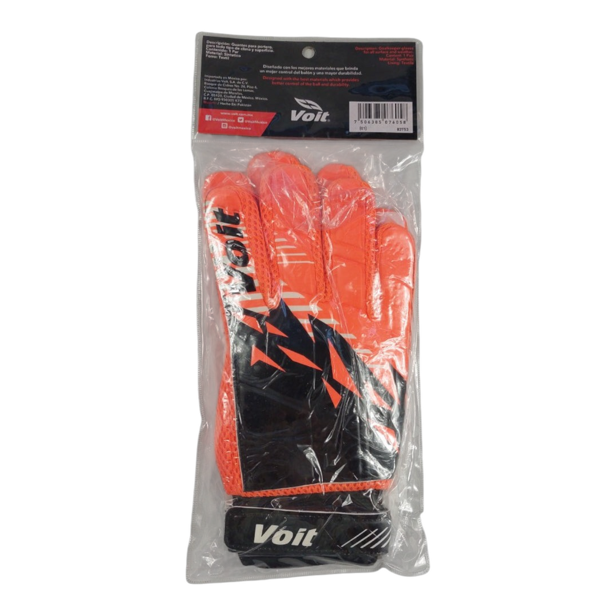 Guante de portero Voit Prime naranja con detalles negros en empaque original de Radach Sports
