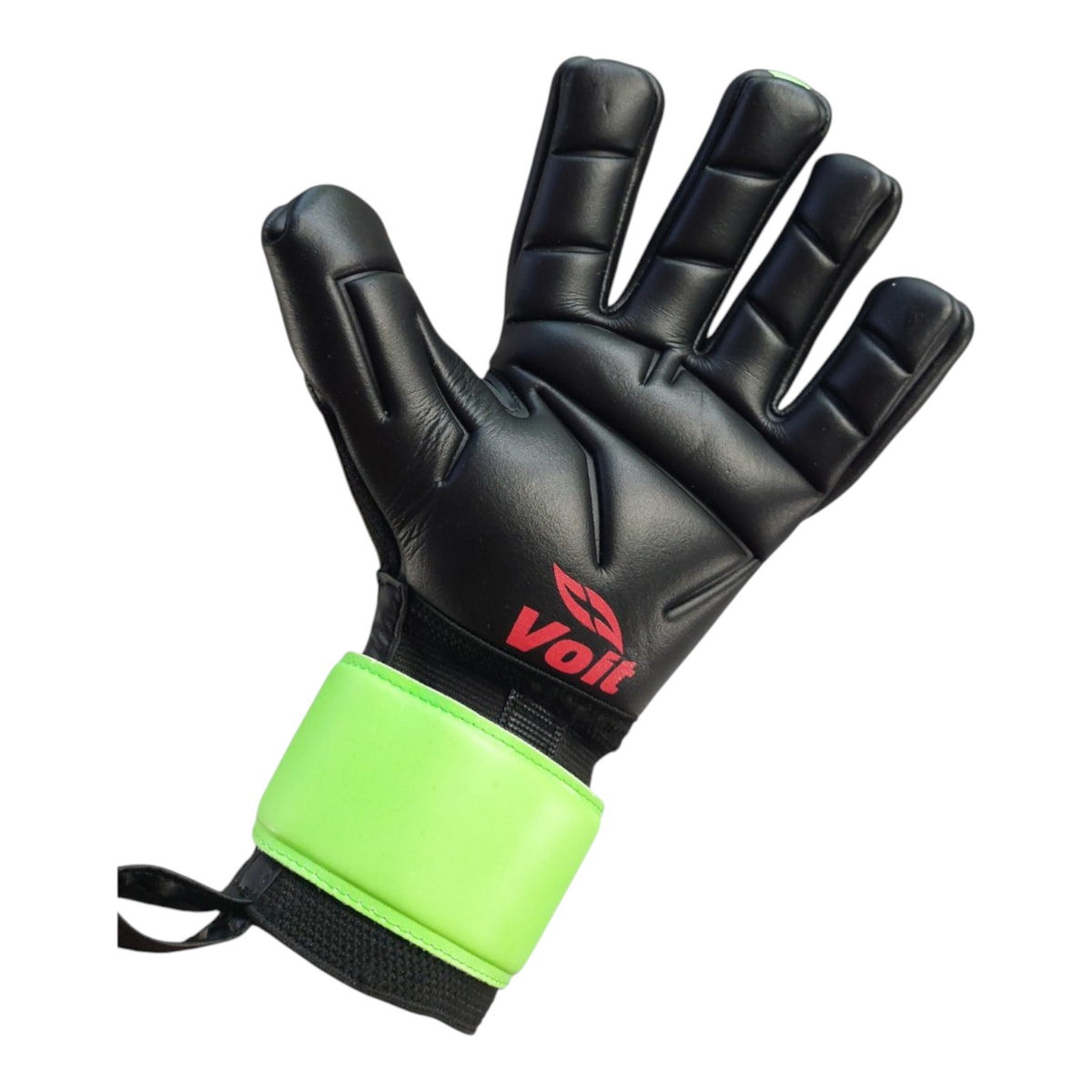 Guante de portero Radach Sports Voit Snakebite en color negro con muñequera verde brillante y palma de látex profesional