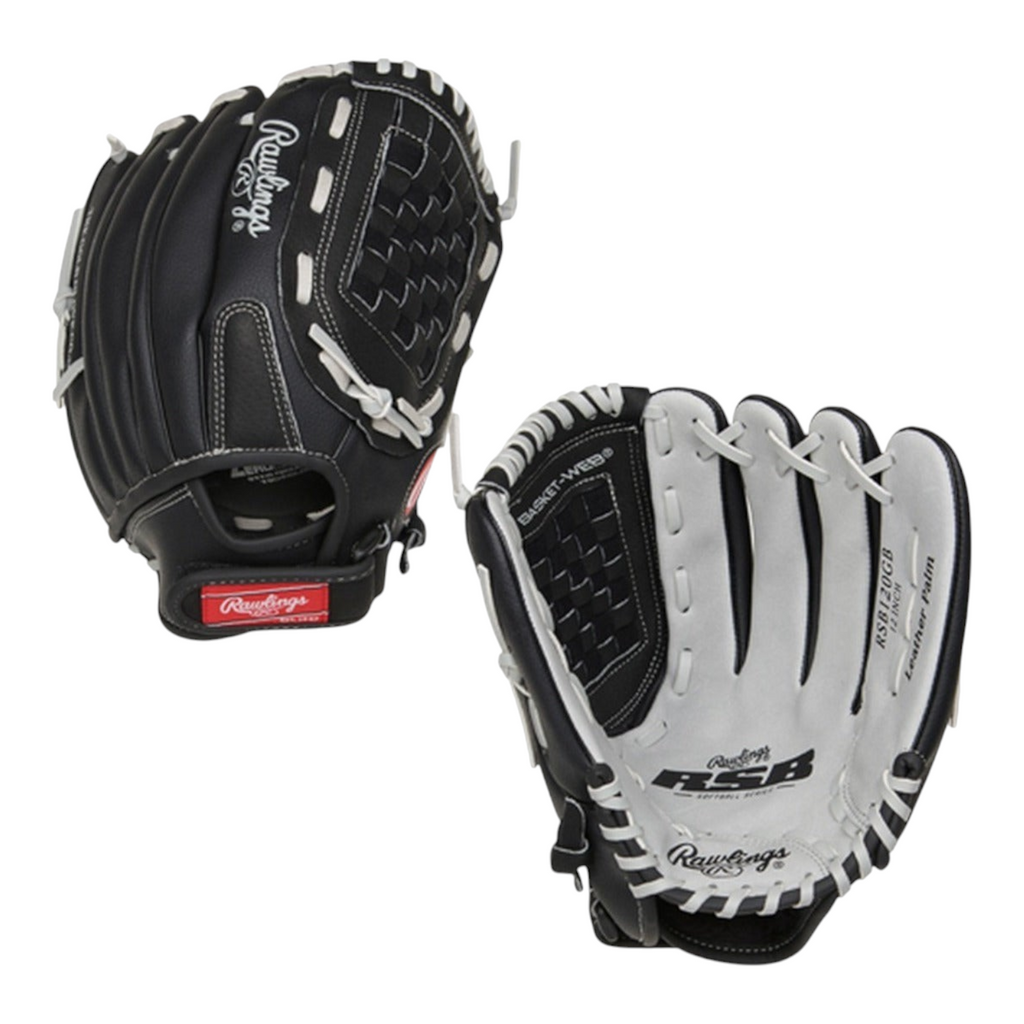 Guante de softbol Radach Sports Rawlings RSB de 12 pulgadas en color negro y blanco con palma de cuero y cierre velcro