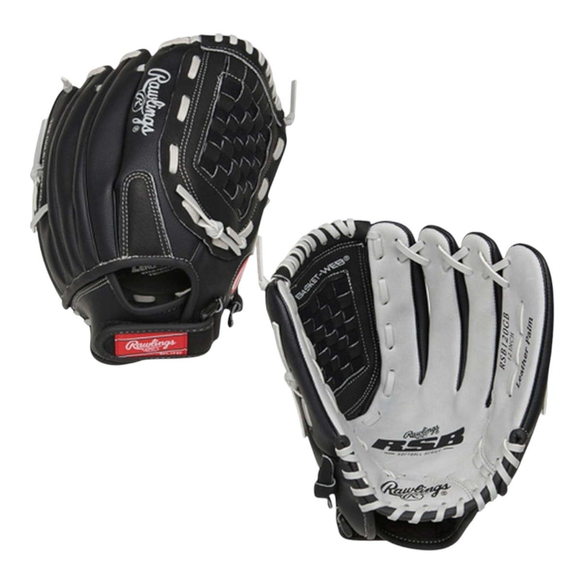 Guante de softbol Radach Sports Rawlings RSB de 12 pulgadas en color negro y blanco con palma de cuero y cierre velcro