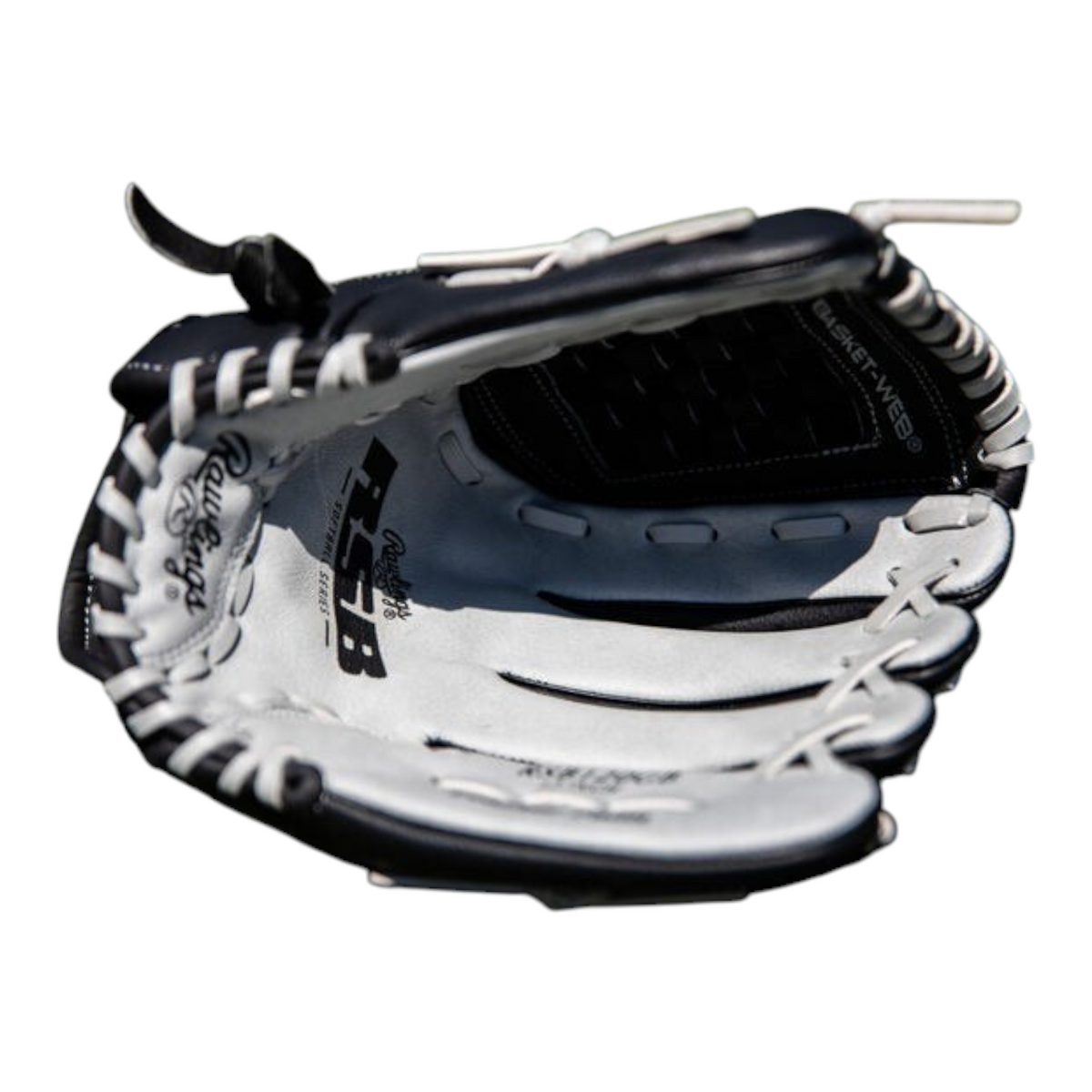 Guante de softbol Radach Sports Rawlings RSB de 12 pulgadas en color negro con palma blanca y diseño Basket-Web