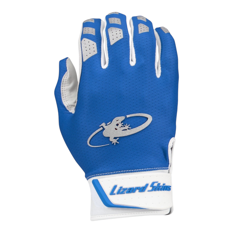 Guantes de bateo Radach Sports Lizard Skins Komodo V2 azules con palma de piel de cabra y detalles en blanco