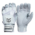 Guantes de bateo Radach Sports Demon Slugger DS Classic en blanco y gris con palma de piel de oveja y cierre ajustable