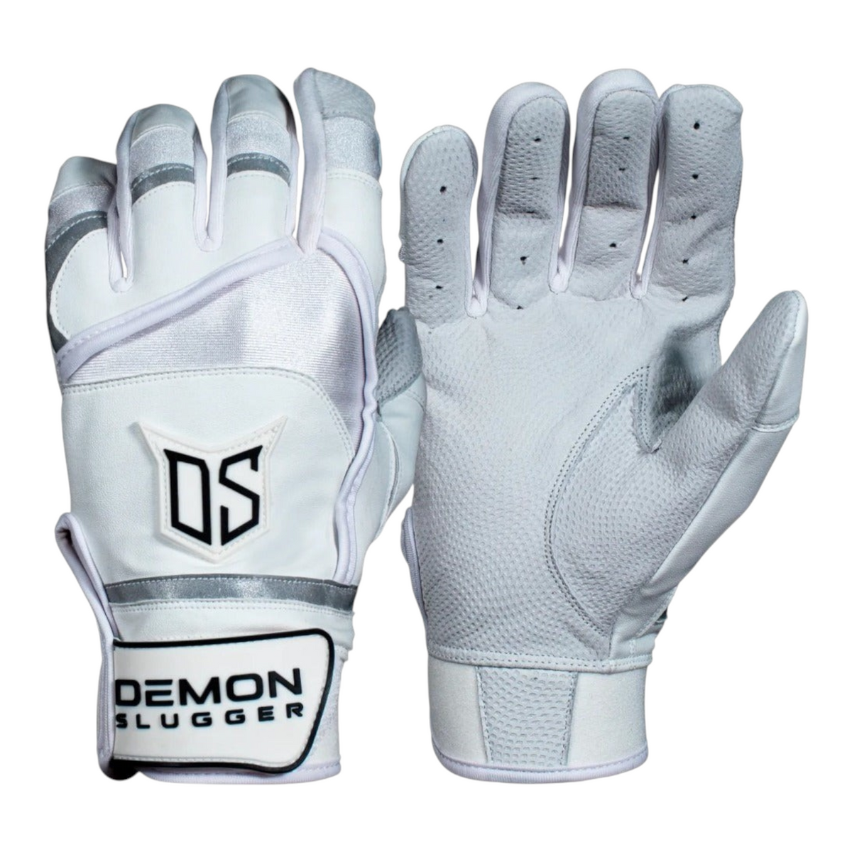 Guantes de bateo Radach Sports Demon Slugger DS Classic en blanco y gris con palma de piel de oveja y cierre ajustable