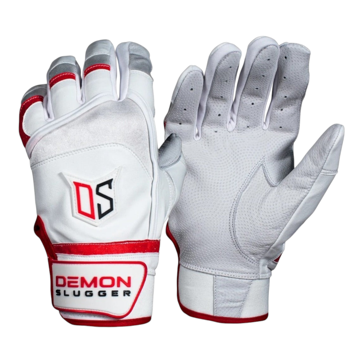 Guantes de bateo Radach Sports Demon Slugger DS Classic en blanco y rojo, fabricados en piel de oveja con palma Pittard