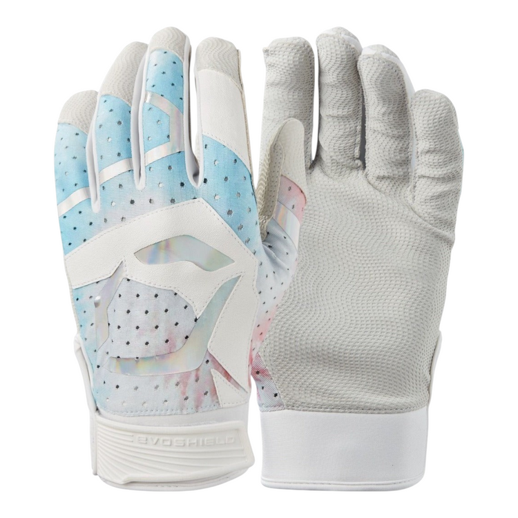 Guantes de bateo Radach Sports Evoshield Daze blancos con diseño iridiscente y palma texturizada para mejor agarre