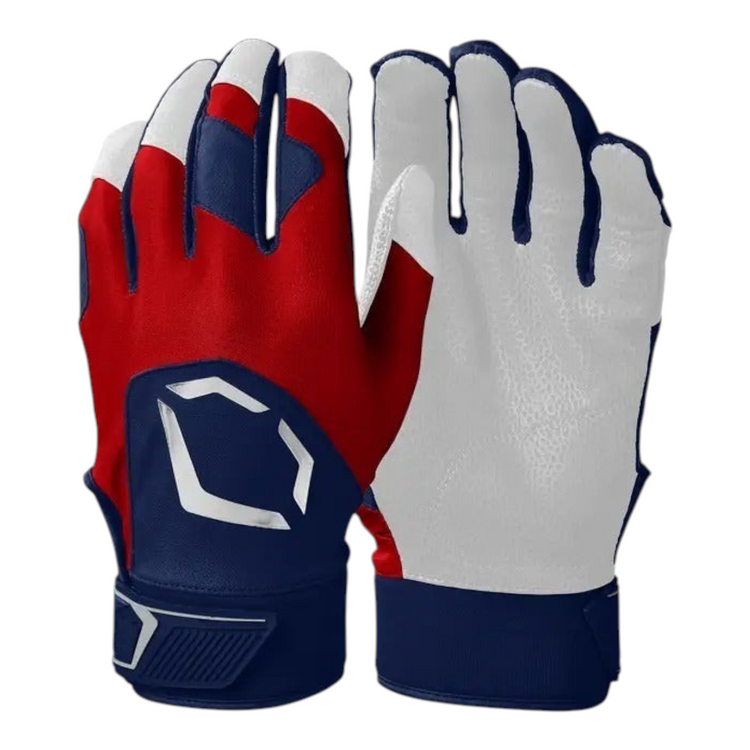 Guantes de bateo Radach Sports Evoshield Standout en rojo, blanco y azul con palma de piel de oveja y malla elástica.