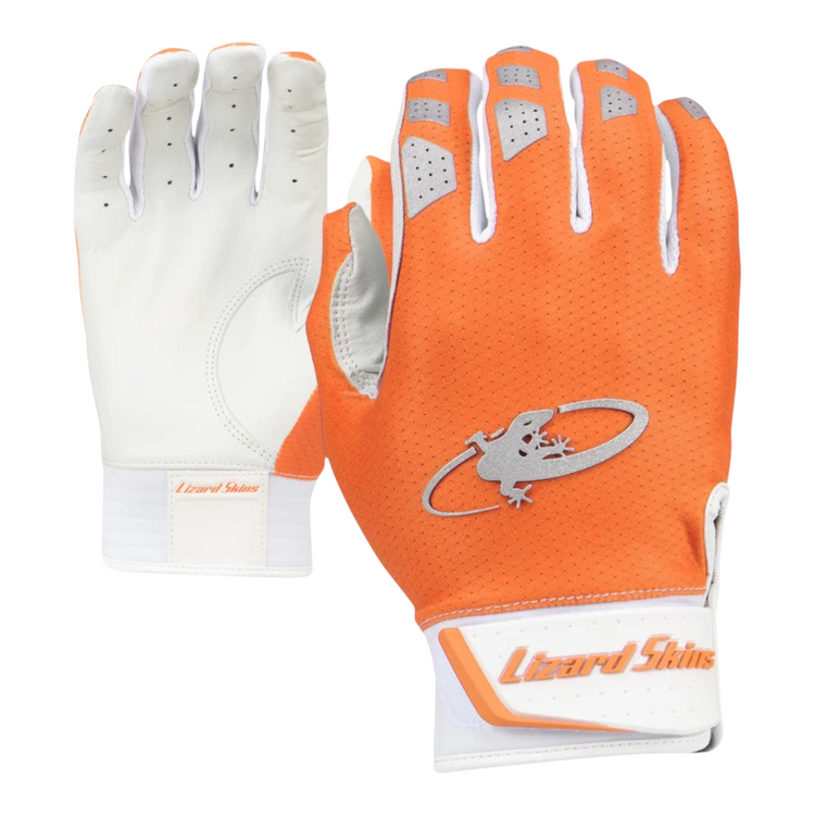 Guantes de bateo Radach Sports Lizard Skins Komodo V2 en color naranja blaze con palma de piel de cabra blanca