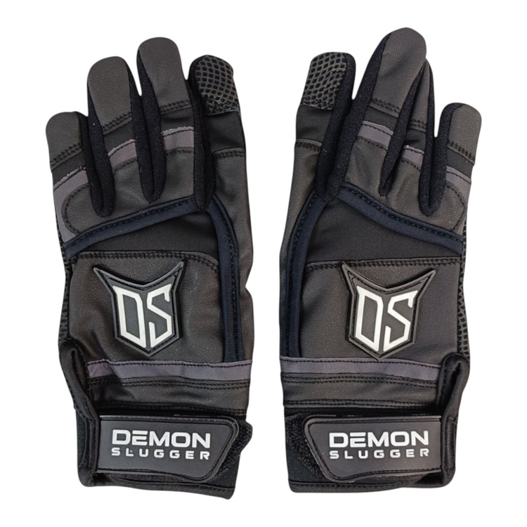 Guantes de bateo para niño Radach Sports Demon Slugger negros de piel con cierre de compresión y logo DS