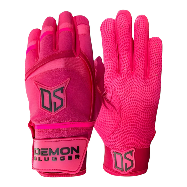 Guantes de bateo Radach Sports Demon Slugger Fiesta Colors en color rosa con palma de piel y cierre de compresión