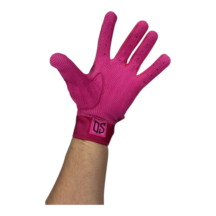 Guantes de bateo Radach Sports Demon Slugger Fiesta Colors en color rosa con palma de piel de oveja y ajuste seguro